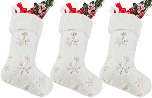 ANPTER Christmas Stocking Set of 3 White Plush Snowflake Xmas Hanging Stocking Large Santa Sack Gift Bag for Xmas Party Family Holiday Fireplace Tree Decoration(golden snowflake)