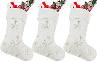 ANPTER Christmas Stocking Set of 3 White Plush Snowflake Xmas Hanging Stocking Large Santa Sack Gift Bag for Xmas Party Family Holiday Fireplace Tree Decoration(golden snowflake)