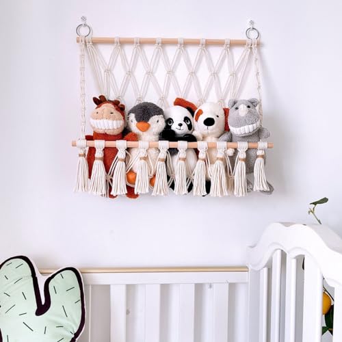 JENPECH Macrame Stuffed Animal Storage Hammock with Wooden Holder, Boho Stuffed Storage Organizer Net, Hanging Stuffed Animal for Net Nursery Wall Decor