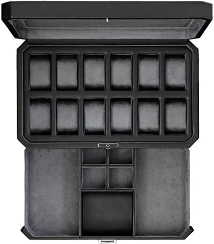 Watch Box with Valet Drawer for Men - 12 Slot Luxury Watch Case Display Organizer, Microsuede Liner, Locking Mens Jewelry Watches Holder, Men's Storage Boxes Holder Large Glass Top (Black / Grey)