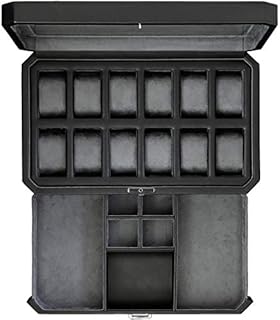Watch Box with Valet Drawer for Men - 12 Slot Luxury Watch Case Display Organizer, Microsuede Liner, Locking Mens Jewelry Watches Holder, Men's Storage Boxes Holder Large Glass Top (Black / Grey)