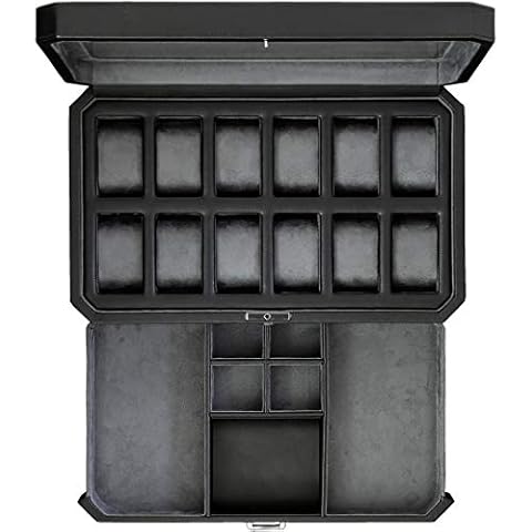 Watch Box with Valet Drawer for Men - 12 Slot Luxury Watch Case Display Organizer, Microsuede Liner, Locking Mens Jewelry Watches Holder, Men's Storage Boxes Holder Large Glass Top (Black / Grey) Cover