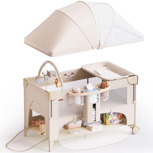 Image of kingobabys 4 in 1 Baby Bassinet,Pack and Play,Bedside Crib Sleeper,Baby Bassinets Bedside Sleeper with Diaper Changer, Mosquito Net,Bottom Storage and Toy Bar for Newborn to Toddles (Beige)