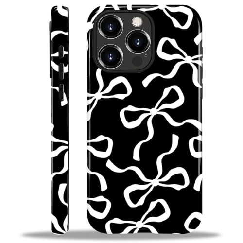 ilikediy for iPhone 14 Pro Max Case,HL2 Aesthetic White Bow Ribbon Hybrid 2 Layer Hard Shell Silicone Protective Pattern Design Case