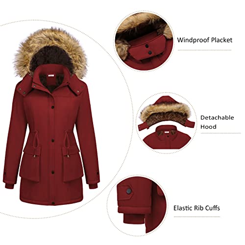 Beyove Women's Winter Thicken Puffer Coat Warm Jacket with Faux Fur Removable Hood Overcoat, Wine Red Large - Thumbnail 5