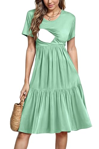 Image of PARNIXS Women's Summer Nursing Dress Short Sleeve Maternity Knee Length Breastfeeding Dress