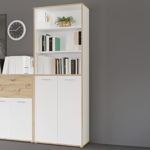 Forte KEFLAVIK Büroregal 80 90, modernes Büroregal mit 2 Einlegeböden und 2 Schranktüren, Holzwerkstoff, Artisan Eiche Holzdekor | Weiß, 84,5 cm breit x 226,5 cm hoch x 41,5 cm tief