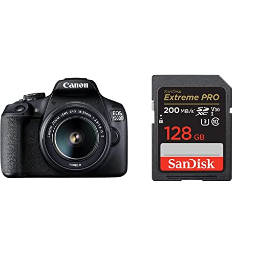 Canon EOS 1500D 24.1 Digital SLR Camera (Black) with EF S18-55 is II Lens & SanDisk Extreme Pro SD UHS I 128GB Card for 4K Video for DSLR and Mirrorless Cameras 200MB/s Read & 90MB/s Write Canon EOS 1500D 24.1 Digital SLR Camera (Black) with EF S18-55 is II Lens & SanDisk Extreme Pro SD UHS I 128GB Card for 4K Video for DSLR and Mirrorless Cameras 200MB/s Read & 90MB/s Write