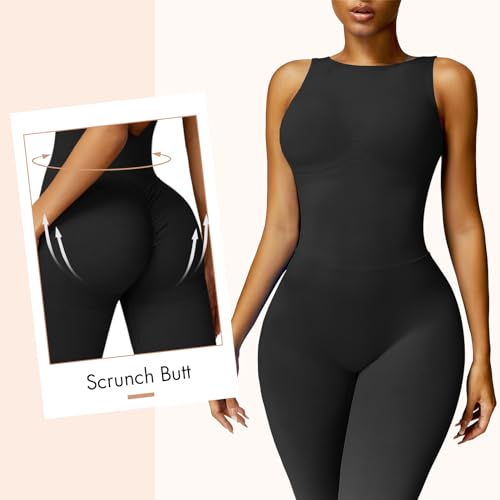 Oeak Womens Sleeveless Jumpsuits Crew Neck Unitards Scrunch Butt Tummy Control Romper Full Length Seamless Workout Bodycon Black Xs thumb #1