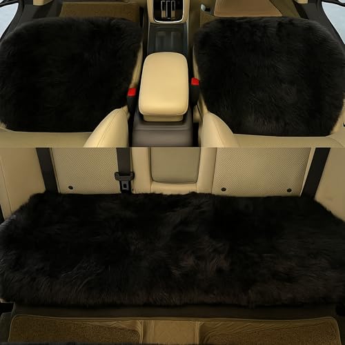 Image of Premium 3Pcs Car Seat Cover /Pad /cushions | Luxury and Soft Rabbit Fur Cover | Fluffy Plush Vehicle Protector Pad with Non-Slip Backing | Universal Fit For Most Vehicles | Colour: Black