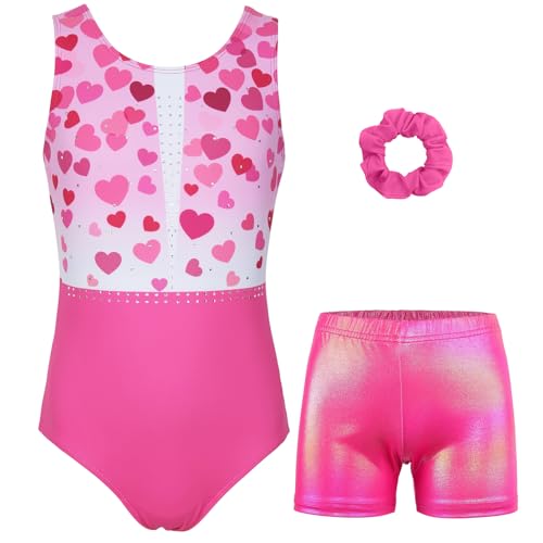 MODAFANS Gymnastics Leotards for Girls with Shorts Ballet Dance Set Activewear Heart Diamond,12-13Years
