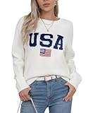shermie Women's Long Sleeve Crew Neck Sweater Lightweight USA Letter American Flag Pullover Sweaters Off White Medium
