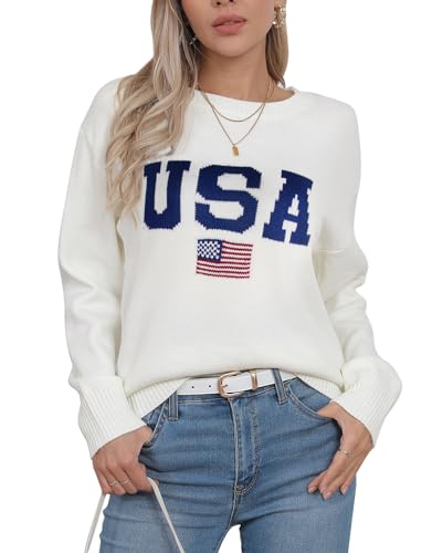 Image of Women's American Flag Sweater Long Sleeve Pullover Crew Neck Knit Tops