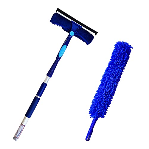 Blue Extension Rod Ceiling Duster with 18-20 feet Reach 3-Stage Aluminum Telescoping Pole Plus Window Squeegee
