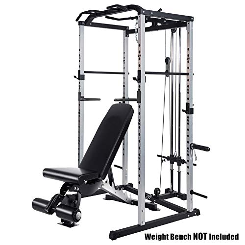 Vanswe Power Rack Power Cage 1000-Pound Capacity Home Gym Equipment Exercise Stand Olympic Squat Cage with LAT Pull Attachment, Multi-Grip Pull-up Bar and Dip Handle