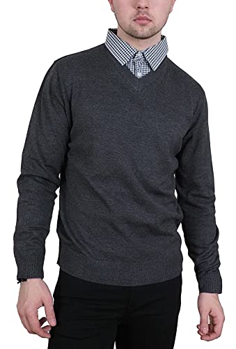 Pull col en V tricoté homme coton avec insert col chemise fini les plis