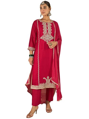 Image of INDO ERA Women's Silk Blend Kurta and Pant with Dupatta Set