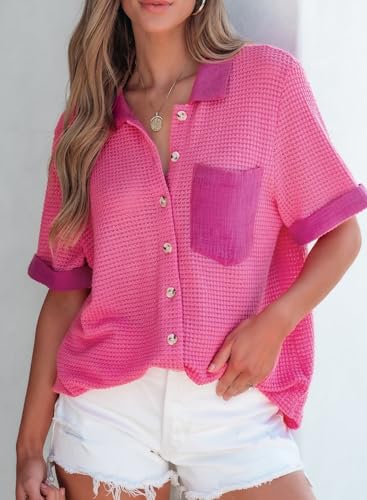 Image of Astylish Womens Waffle Knit Button Down Shirts Tops Casual V Neck Short Folded Sleeve Dressy Blouses