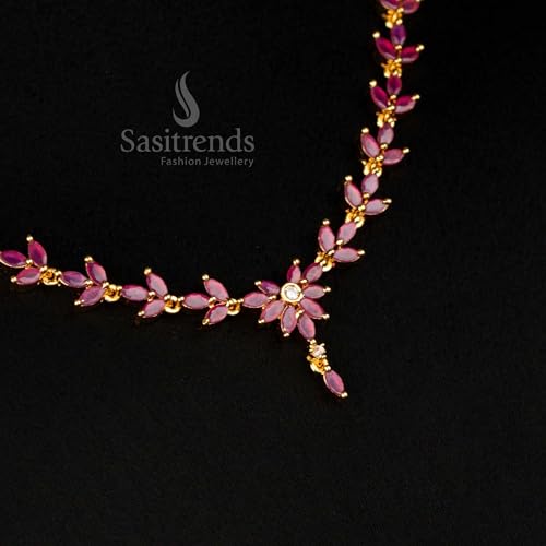 Image of Sasitrends Micro Gold Plated American Diamond Ruby stone Studded Necklace Jewellery Set