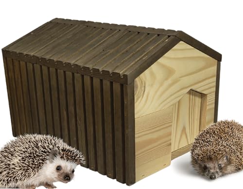 MODO24 Igelhaus aus FSC® Holz, Igelhütte, Igelhotel mit Labyrintheingang gegen Fressfeinde & Wetterfestem Dach, Winterschlaf & Nisthaus für den Garten, inkl. Heu & Futterschale, 25x36x27 cm, Braun