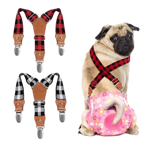 Image of Pet Soft Dog Suspenders 2 Pieces Female Dog Diaper Suspenders for Dogs Diaper Keeper Suspender for Dogs Skirt, Dress, Diapers (Plaid, XS /S)