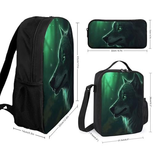 3 Piece Backpack for Women Men Lightweight Causal Daypack Shoulder Bag Set with Insulated Lunch Bag And Pencil Case Organizers Green Wolf2