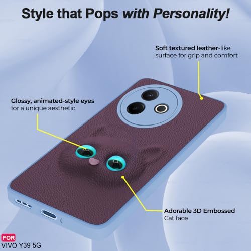 Image of AESTMO Back Case Cover for Vivo Y39 5G Back Cover | 3D Cat Cover | Leather Finish | Full Body Protection | Camera Protection Back Cover for Vivo Y39 5G (Purple)
