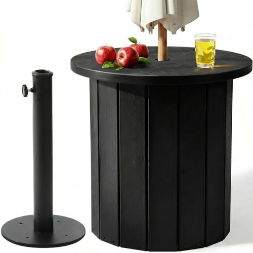 PASAMIC 2-in-1 Patio Table Umbrella & Outdoor Side Table Large Round Small Outdoor Table with Umbrella Hole Fits 1.5-1.9in Pole 5Gal Water Bag Base HDPE for Poolside Deck Garden Use Black