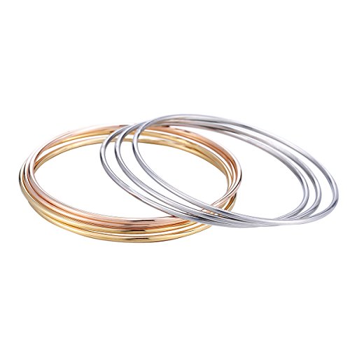 Lot de 7 bracelets empilables tricolores en acier inoxydable : argentés, dorés, or rose, pour femmes Cover