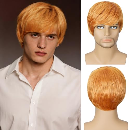 Image of QUEENTAS Men's 8 Inch Light Orange Natural Straight Wig, Heat Resistant Synthetic Glueless Wig for Halloween Cosplay Unisex Daily Wear