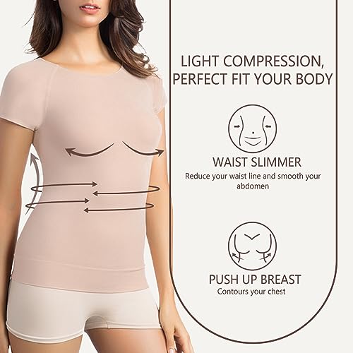 +MD Womens Undershirt Short Sleeve, Compression T-Shirt Tank Tops, Tummy Control Scoop Neck Basic Tee Camisole Seamless3