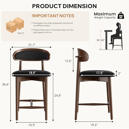 Image of Bar Stools Set of 6, Upholstered Counter Height Bar Stools, Mid Century Modern Counter Stools with Wood Legs for Kitchen Island, Black