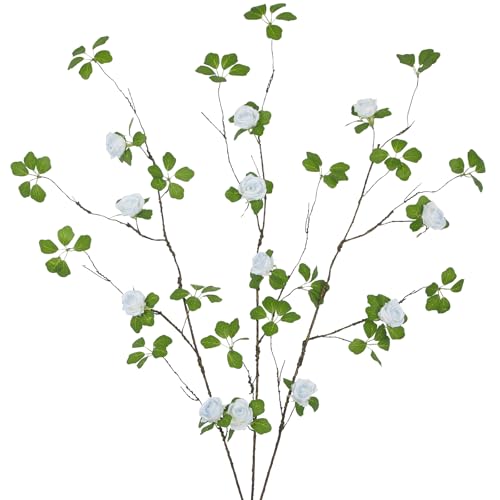 ACRYCS 3 Pcs Artificial Greenery Stems Plants with Blue Roses Flowers 29.5" Faux Branches for Vase Filler Fake Ficus Twig Plants for Home Office Party Wedding Shop Spring Summer Fall Decoration ACRYCS 3 Pcs Artificial Greenery Stems Plants with Blue Roses Flowers 29.5" Faux Branches for Vase Filler Fake Ficus Twig Plants for Home Office Party Wedding Shop Spring Summer Fall Decoration