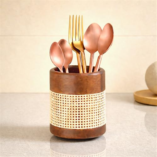 Image of Wooden Cutlery Holder for Kitchen Counter (Round Cutlery) | Vervique Emporium Wooden Cutlery Holder with Removable Compartments