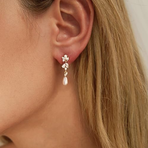 Gold Earrings for Women,14k Gold Plated Pearl Drop Earring Dainty Gold Bridal Prom Earrings Small Cute Stud Earring Wedding Dangle Earrings for Women Trendy Prom Bride Jewelry Gifts2