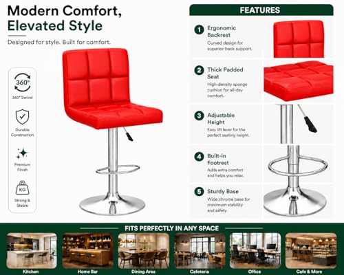 Image of Kemon KaiMeng Modern Adjustable Swivel Bar Stool Chair with Backrest, PU Leather Hydraulic Counter Stool with Footrest for Kitchen Island, Cafe & Home Bar, Red, Square Tufted Back Stool