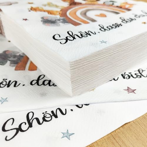 Servietten Geburtstag Kinder, 40 Stück Servietten Schön Dass Du Da Bist, Geburtstagsservietten, Kinderparty-Servietten, Tiermotiv, Geburtsfeier Jungen und Mädchen