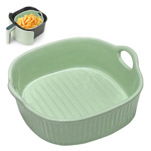 Cazuela de cerámica de 650 ml, moldes cuadrados para horno de 7 pulgadas, moldes de cerámica con asas para lasaña, carne, verduras, para freidora de aire caliente, horno, microondas (verde)