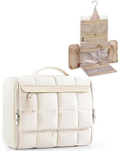 BAGSMART Travel Toiletry Bag, Extra Large Full-open Hanging Toiletry Bag for Women, Puffy Cosmetic Makeup Bag Organizer with Handle for Accessories, Essentials, Toiletries (Beige 13''L)
