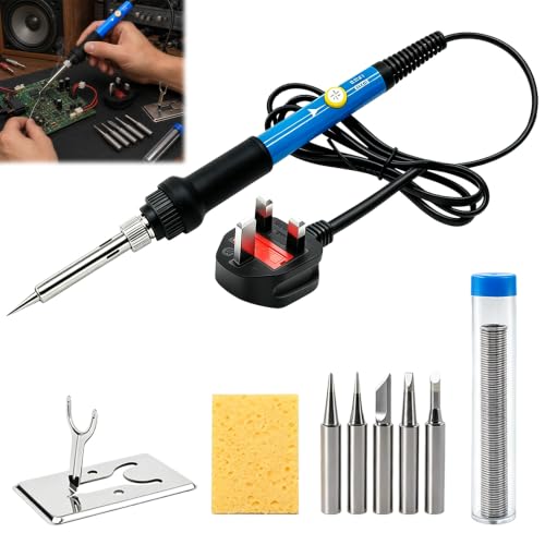 Image of 9 PCS Soldering Iron Kit, 60W Adjustable Temperature 200-450°C Soldering Kit, Internal Heating Solder Kit with 5 Different Tips, Stand, Solder Wire and Sponge for Electronics Repair and DIY Projects