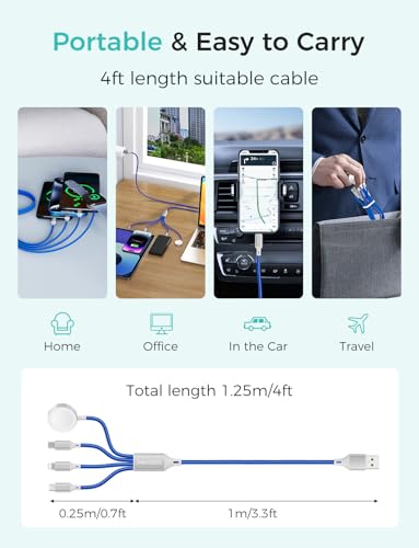 Image of 2Pack Multi Charging Cable for Apple Watch Charger 4 in 1 Travel Essentials RV Camping Essentials USB C /L /Micro Compatible with iWatch Series 11-1 /iPhone 17 /16 /15 /Android Airplane Gadgets-4FT /Blue