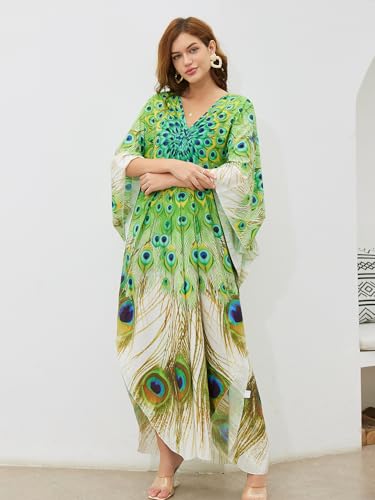 Image of KECVOT Kaftan Dresses for Women Embroidered Short Sleeve V-Neck Plus Size Caftan Bikini Swimsuit Cover-Up Long Beach Dress