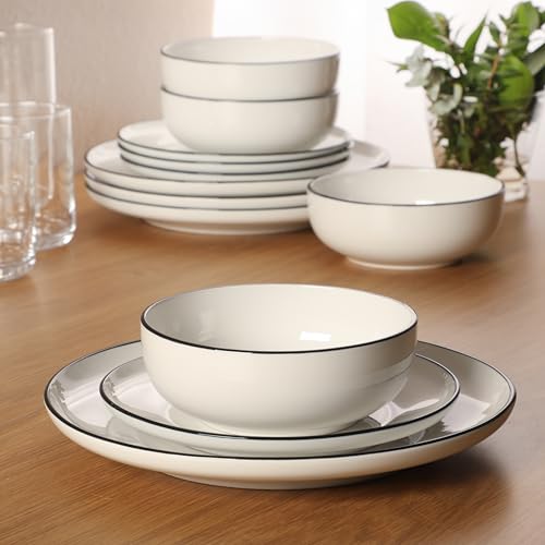 Image of Gibson Home Havenstone 12-Piece Porcelain Dinnerware Set - Dinner Plates, Salad Plates & Bowls, Classic White With Black Rim Everyday Dish Set for Home, Kitchen, Microwave & Dishwasher Safe