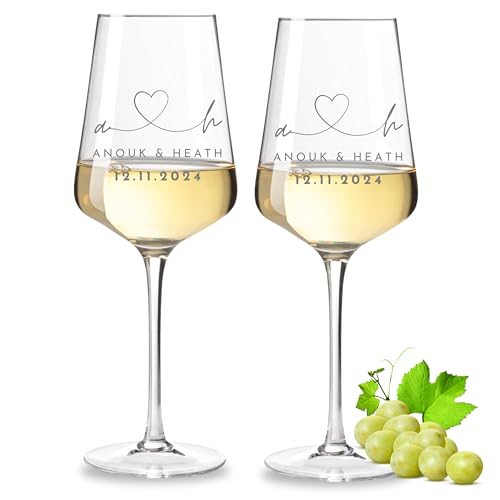 VILLA ROSA LOTTA - Leonardo Weinglas 2er Set mit Gravur - Hochzeitsgeschenke für Brautpaar, Personalisiertes Geschenk zur Hochzeit, Verlobung, Jahrestag mit Name und Datum, Initialen
