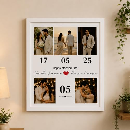 Image of Personalized Wedding Photo Frame for Couples Custom Anniversary Collage Frame with Name & Date Marriage Gift for Husband Wife Romantic Table & Wall Decor