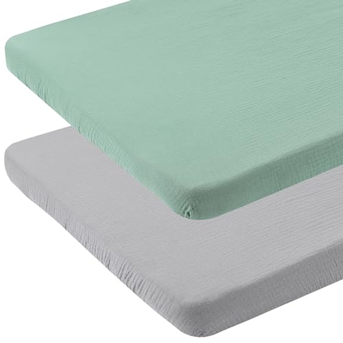 Image of Onacosht Muslin Bassinet Sheets 35" X 20" Compatiable with AMKE 3 in 1 Bassinets, MiClassic, Uiuwoo, Foalom, YADAQE, Milliard and TCBunny Bassinet, 100% Cotton 2 Pack, Grey and Green