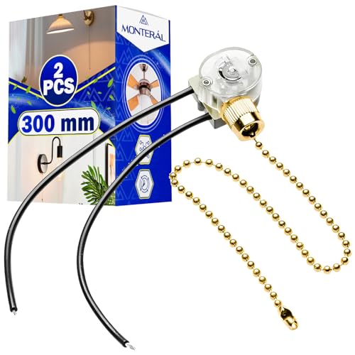 2 Piezas Interruptor de Cuerda con Cadena 300 mm 750W 220-240V - Interruptor Apto para Lampara de Pie Apliques Pared Pasillo Apliques Habitacion Lampara Comedor Pie - Garantía de 10 Años - MONTERAL