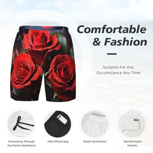 Men's Swim Trunks Quick Dry Board Shorts Romantic Red Roses Beach Shorts with Pocket Bathing Suits for Men4