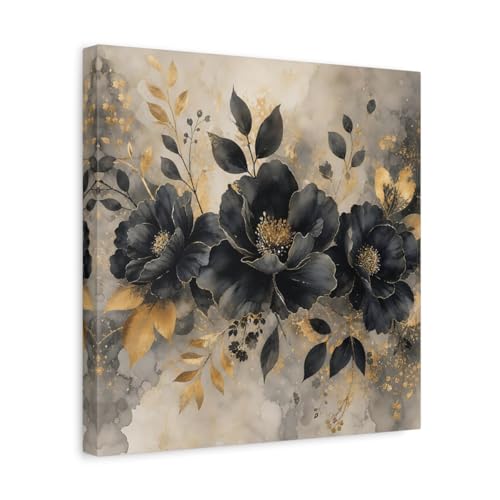 Impression sur toile fleurs aquarelle noir or 35x35 cm murale