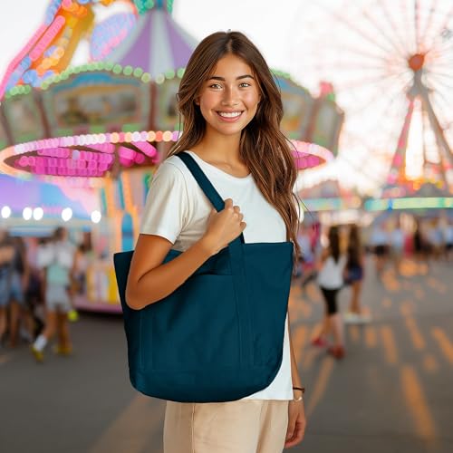 Dalix 20" Solid Color Cotton Canvas Shopping Tote Bag in Navy Blue3